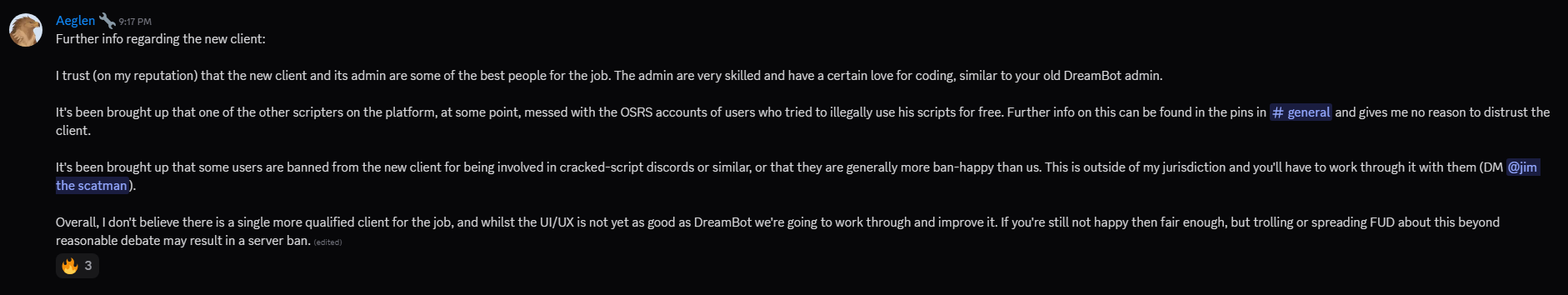 Aeglen announcement: 'It's been brought up that one of the other scripters on the platform, at some point, messed with the OSRS accounts of users'