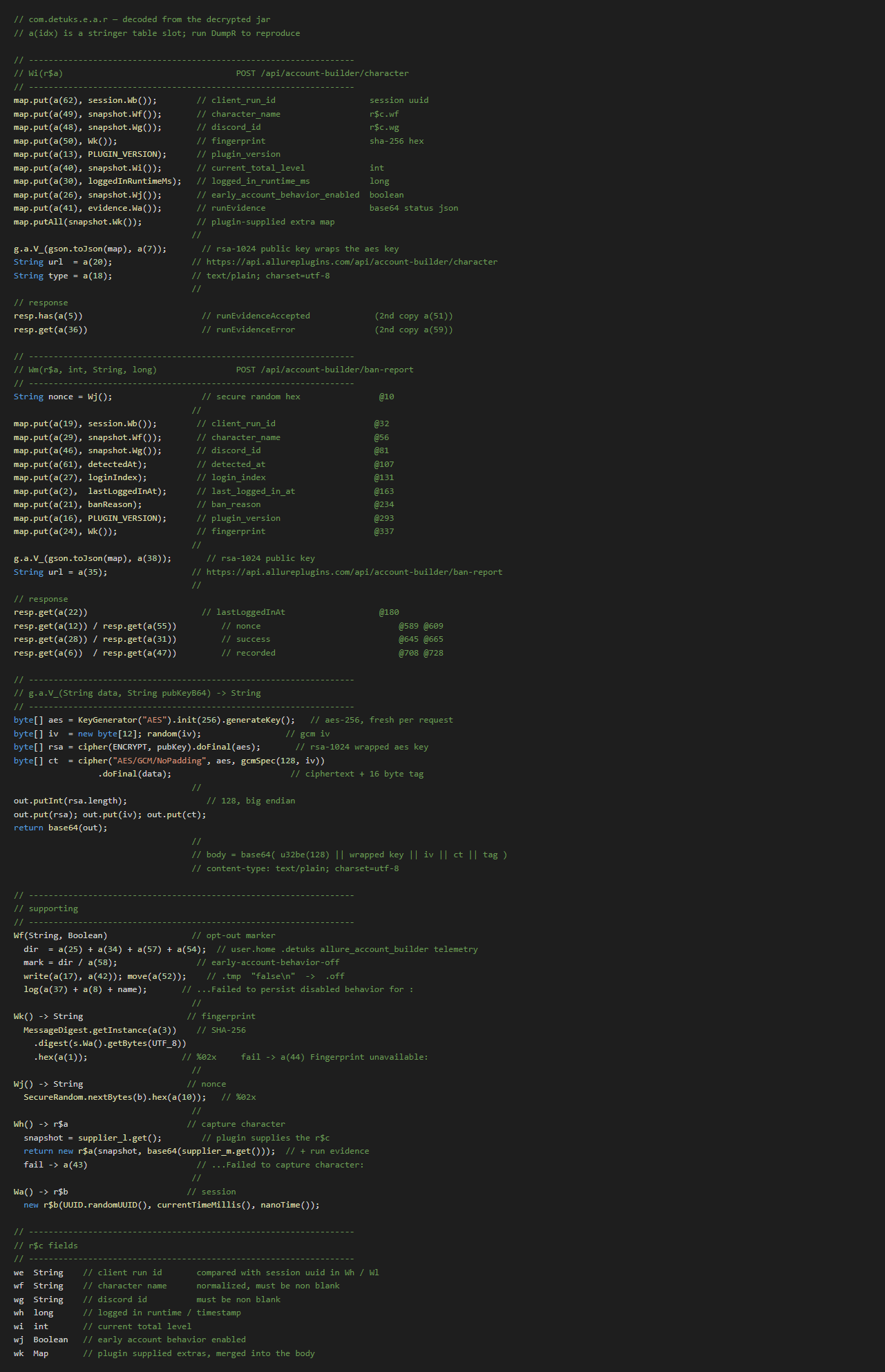 Annotated decompile of com.detuks.e.a.r: the /api/account-builder/character and /api/account-builder/ban-report request bodies with every string-table slot resolved, the RSA-1024 plus AES-256-GCM envelope, and the local opt-out marker path
