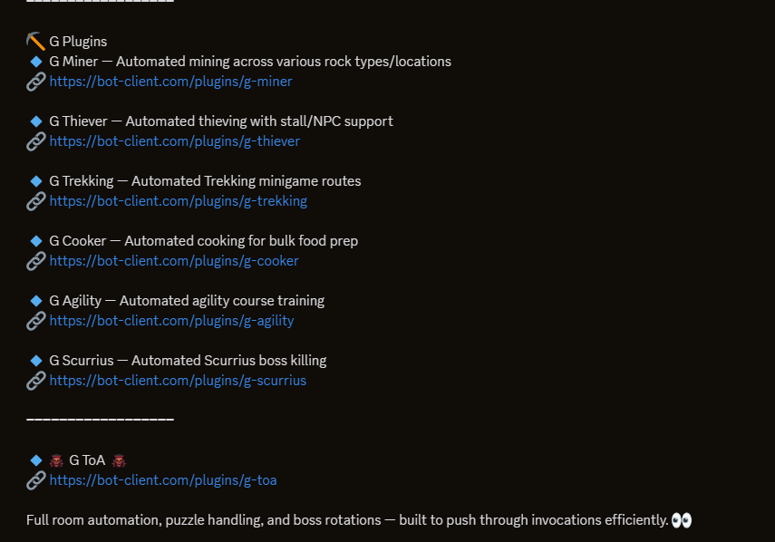 Discord announcement by Roman listing G Miner, G Thiever, G Trekking, G Cooker, G Agility, G Scurrius, and G ToA